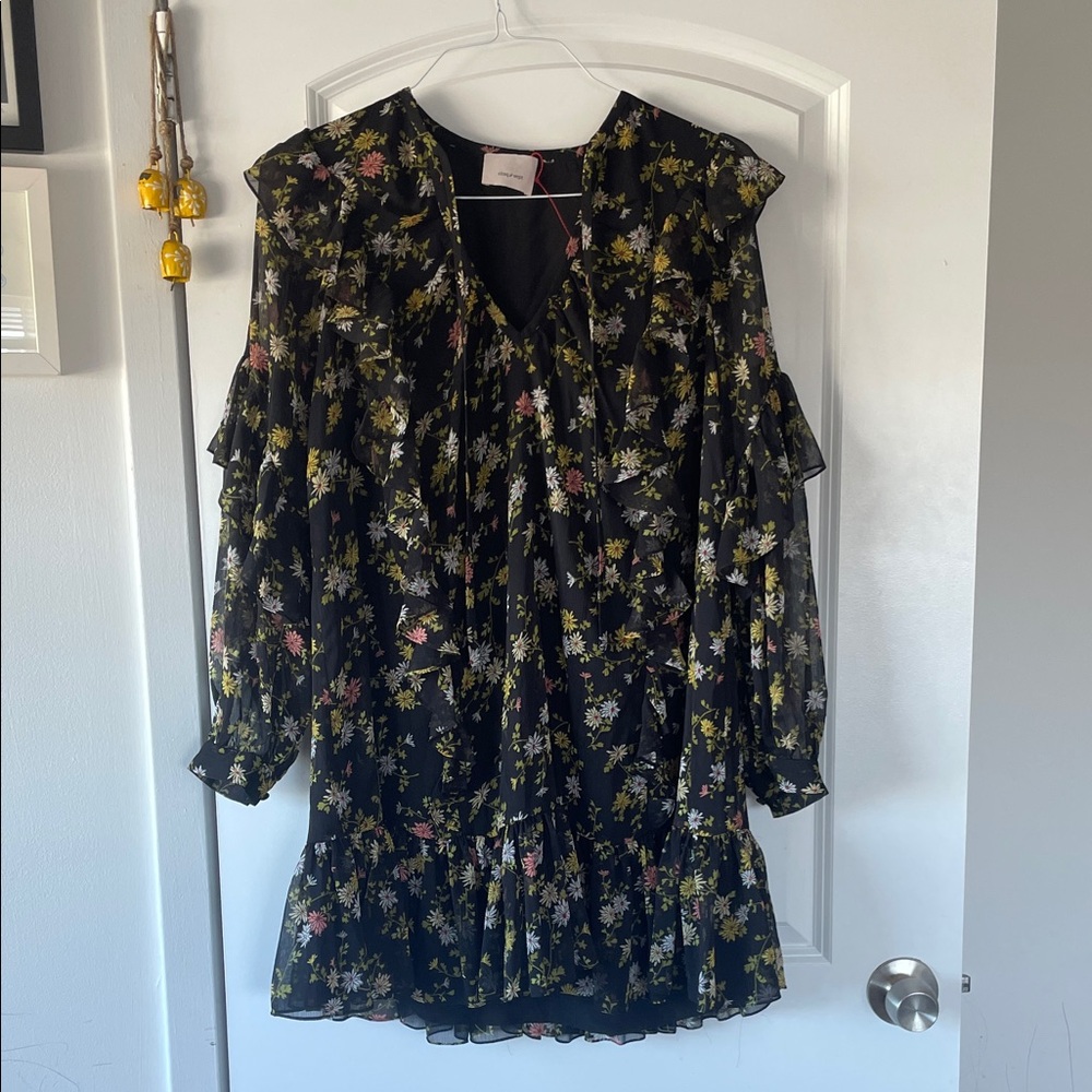 Cinq à Sept Black Floral Dress with Yellow and Pink Accents